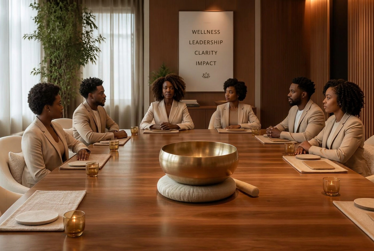 A warm boardroom set for a corporate breathwork break