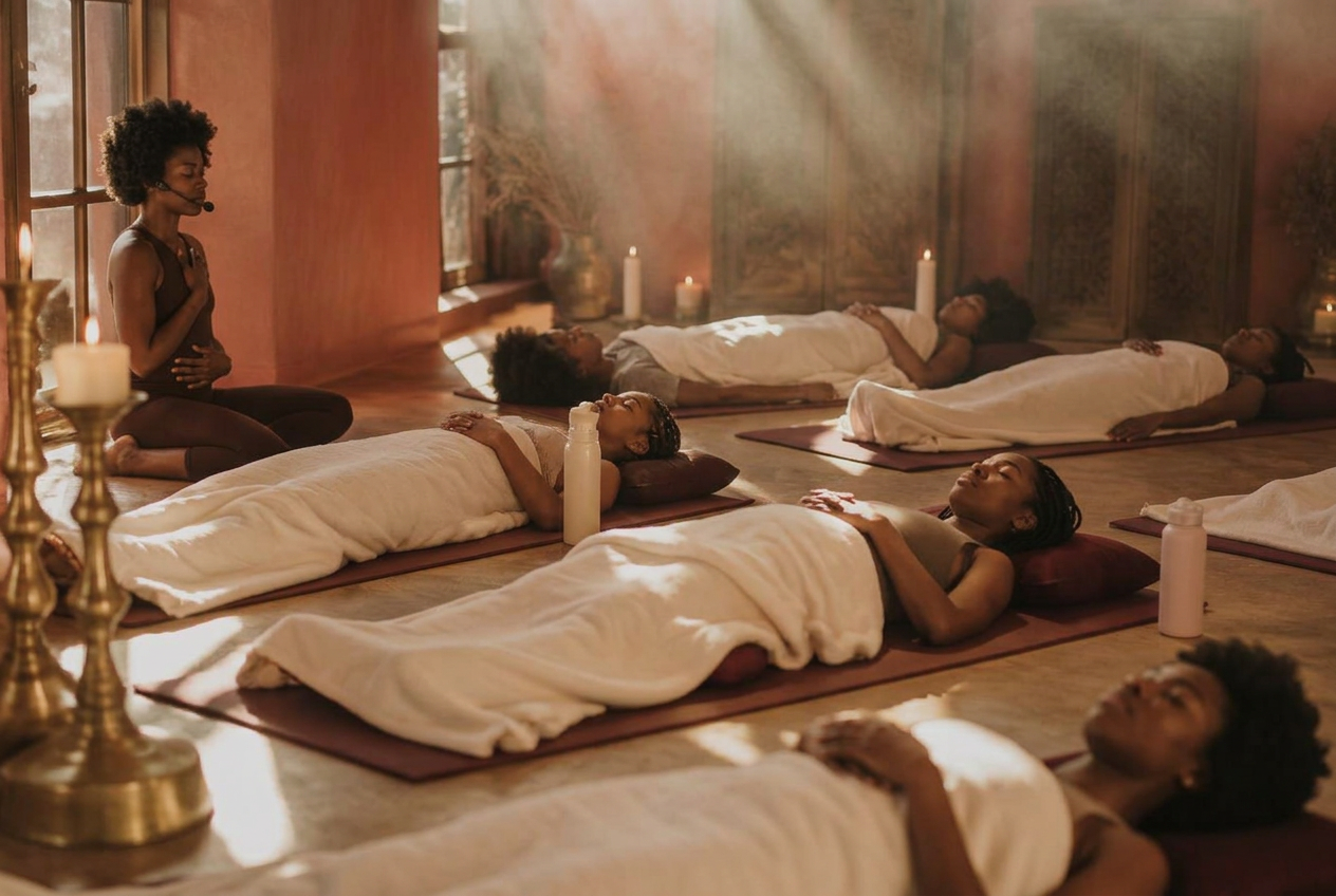 Group breathwork class resting under cream blankets in a warm studio